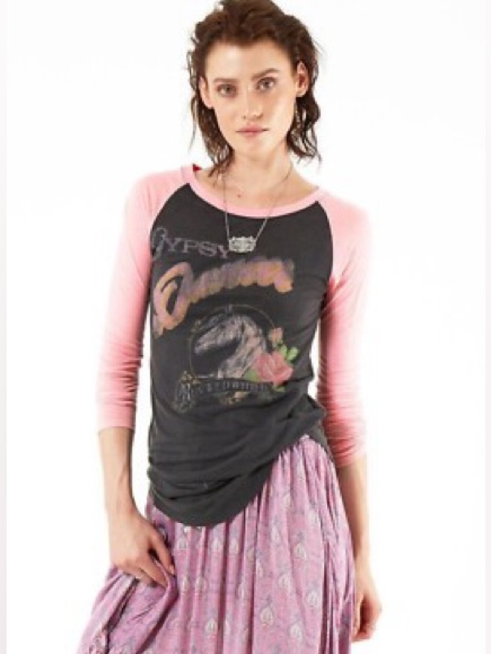 Spell Gypsy Dancer Raglan Top with Pink Sleeves, Small